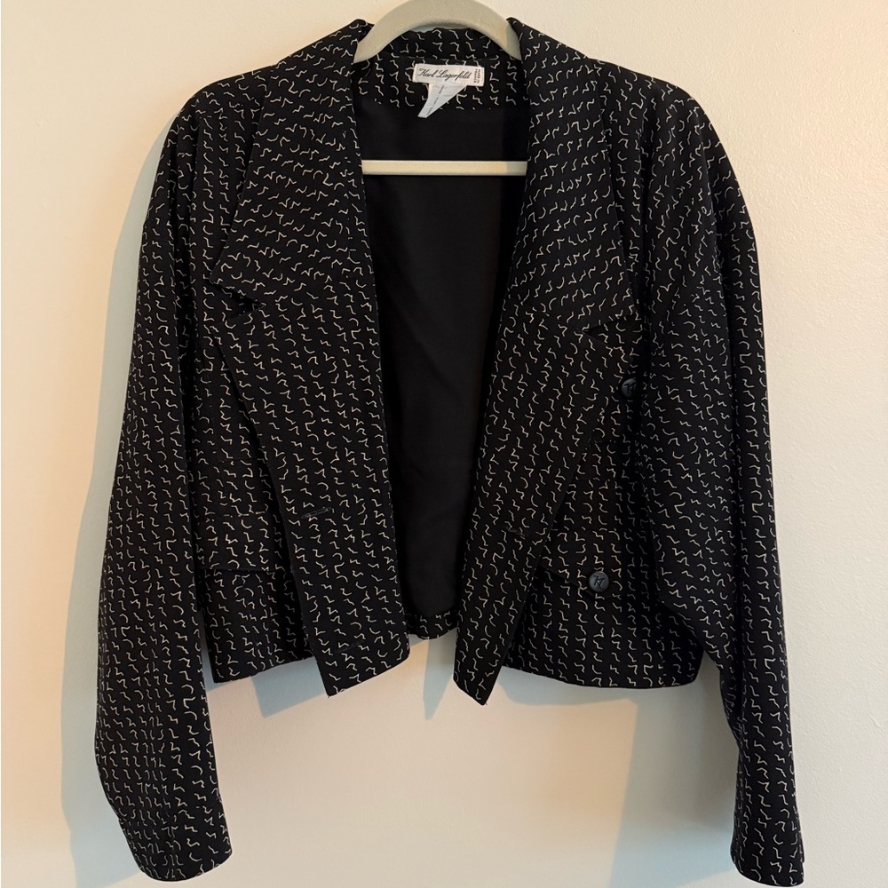 Vintage Karl Lagerfeld Cropped Wool Trench Jacket Squiggly Pattern French 38 / M